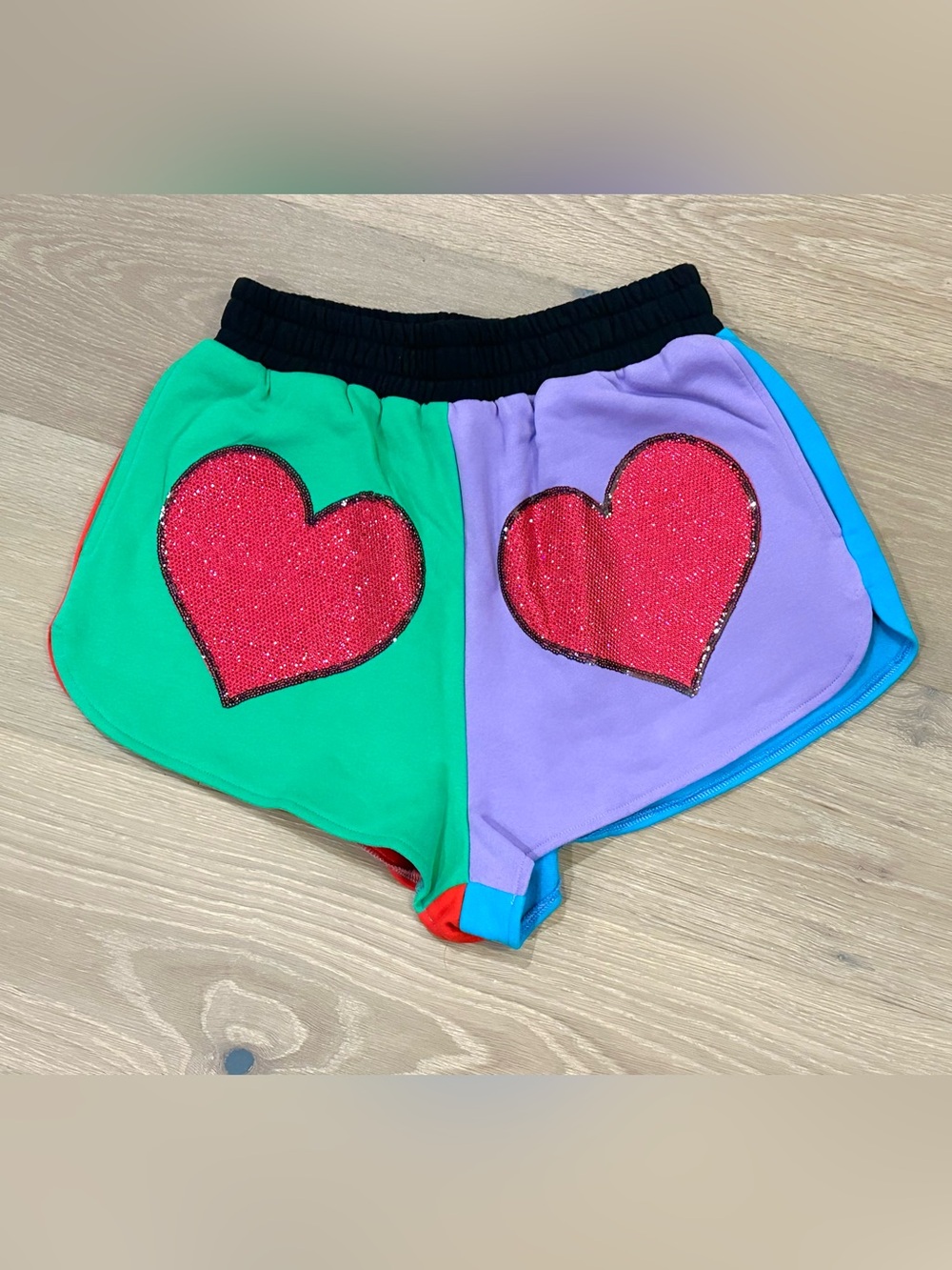 NEW Queen of Sparkles Rainbow Colorblock Rhinestone Heart Shorts. Size XS